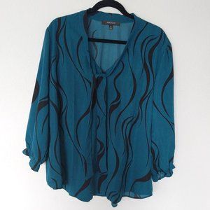 Ava Rose Teal and Black Swirl Pattern Long Sleeve V-Neck Blouse with Tie
